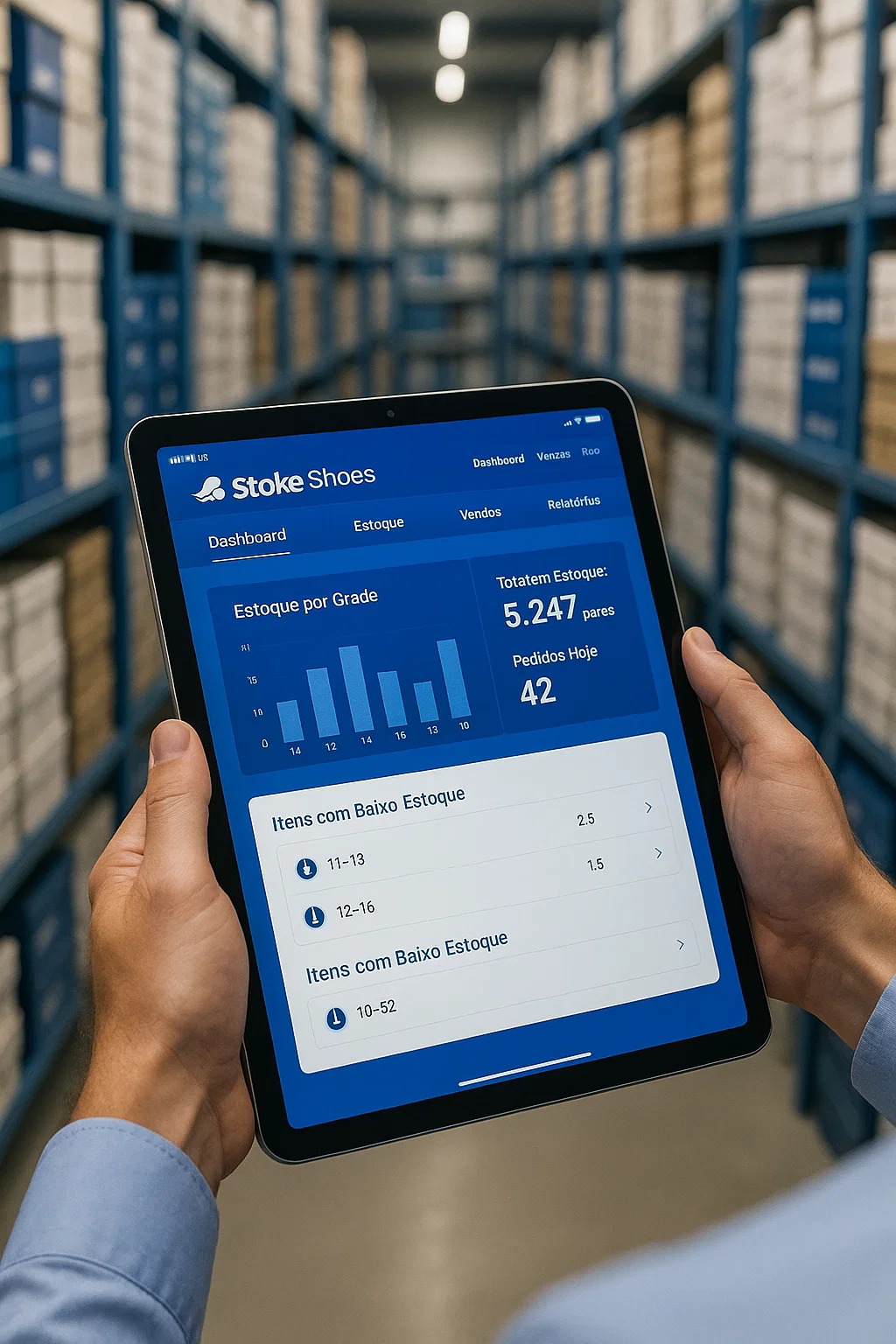 Dashboard do sistema Stoke Shoes em um tablet